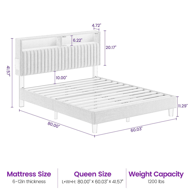 Bed Frame with Headboard, Modern Upholstered Design, Built-In Charging Station & LED Lighting, No Box Spring Needed, Queen