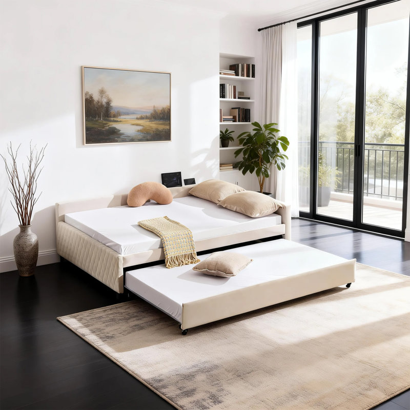 Structure de lit de jour en velours avec lit gigogne simple pour chambre à coucher et salon, Beige