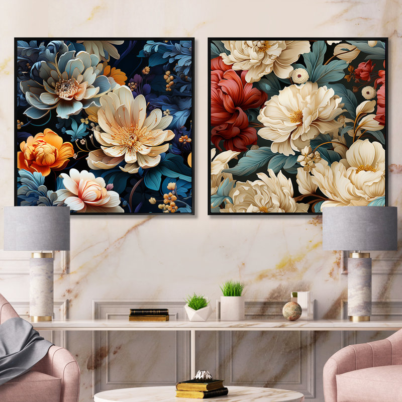 Beige orné Blooming Legacy Delight - ensemble de 2 collages floraux carrés, Cadre flottant noir, H 16 po x l 33 po