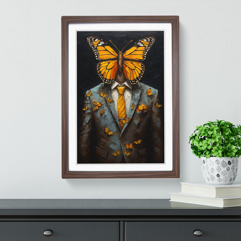Butterfly In A Suit Painting - Single Picture Frame Print on Wood, 34cm H x 25cm W x 2cm D, Walnut Framed