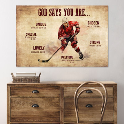 «Man Play Hockey - God Say You Are Unique Special Lovely», reproduction d'art graphique sur toile tendue