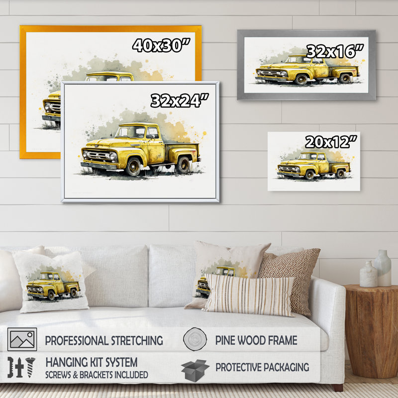 «Yellow and Cream Retro Treasures» - impressions sur toile de voiture rétro, H 34 po x l 44 po, Toile tendue