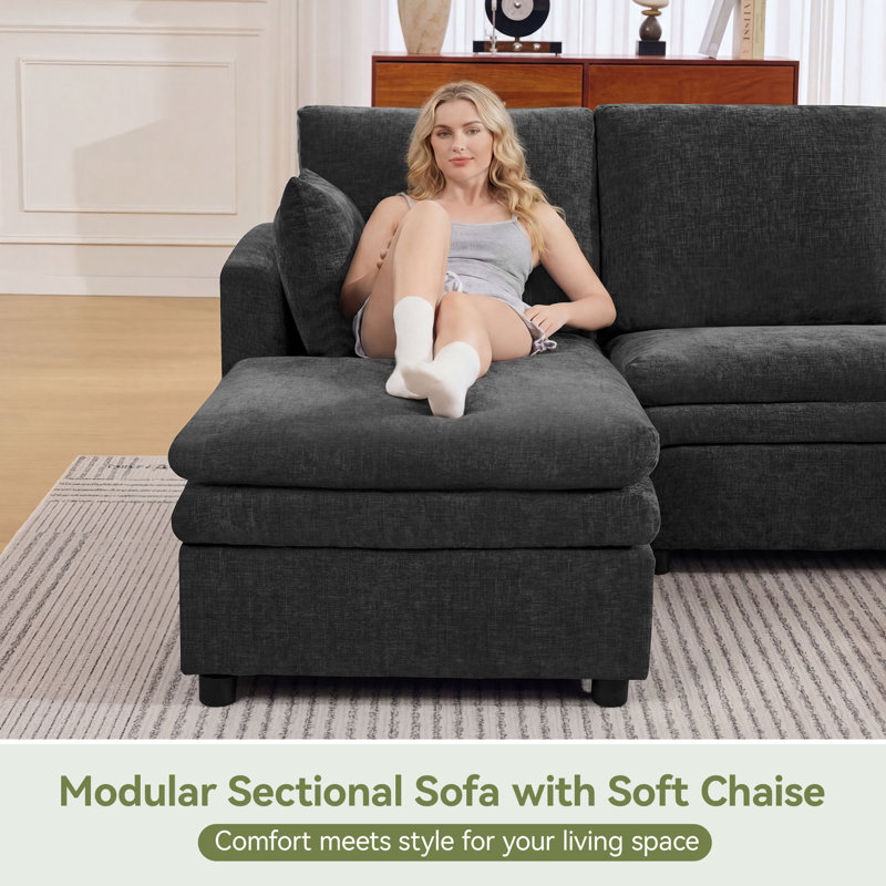  Modular Sectional Sofa with Chaise Lounge, Comfy Deep Dual-Layer Cushion Couch, 4 Seater Left Chaise Couch, Grey