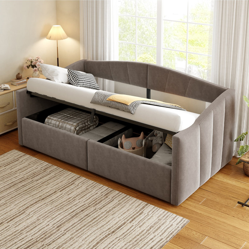 Daybed With Hydraulic Storage & Drawers, European Single (90 x 200 cm), Dark Grey