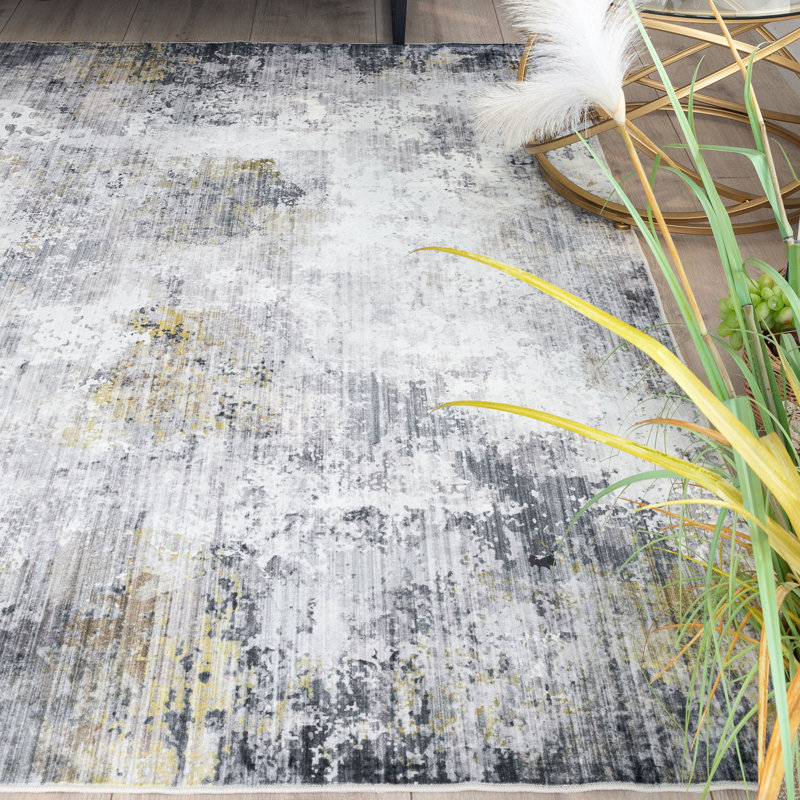JANNA Machine Washable Abstract Area Rug Gray/Ivory/Yellow, Rectangle 5' x 7'
