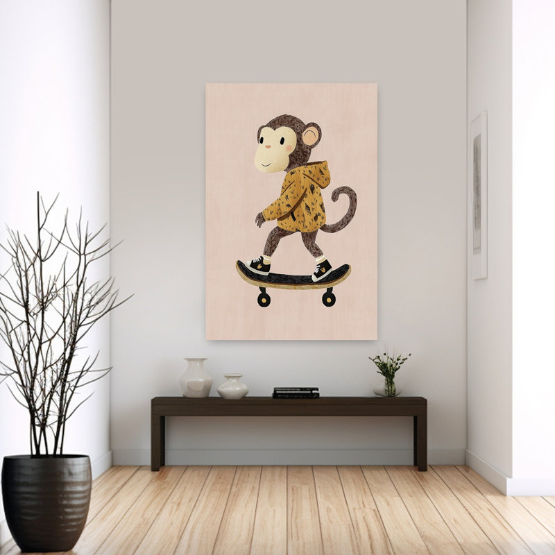 Cute Monkey Skater Playful Contemporary Monkey Wall Art Print 1 Piece Wrapped Canvas Wall Art, 152.4cm H x 101.6cm W