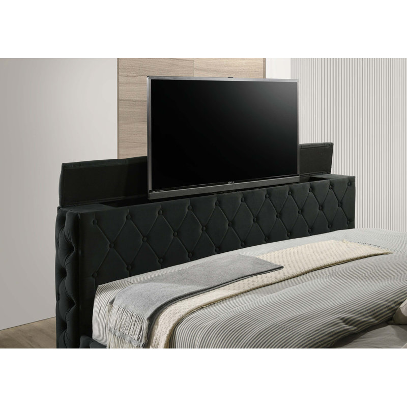 Grand lit tapissier avec tête de lit capitonnée, mécanisme de levage intégré pour télé, rangement caché