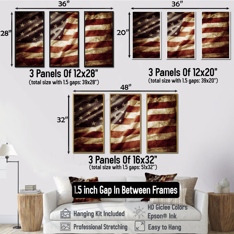 Drapeau américain - photographie flottante sur toile 3 pièces, H 28 po x l 36 po, Noir