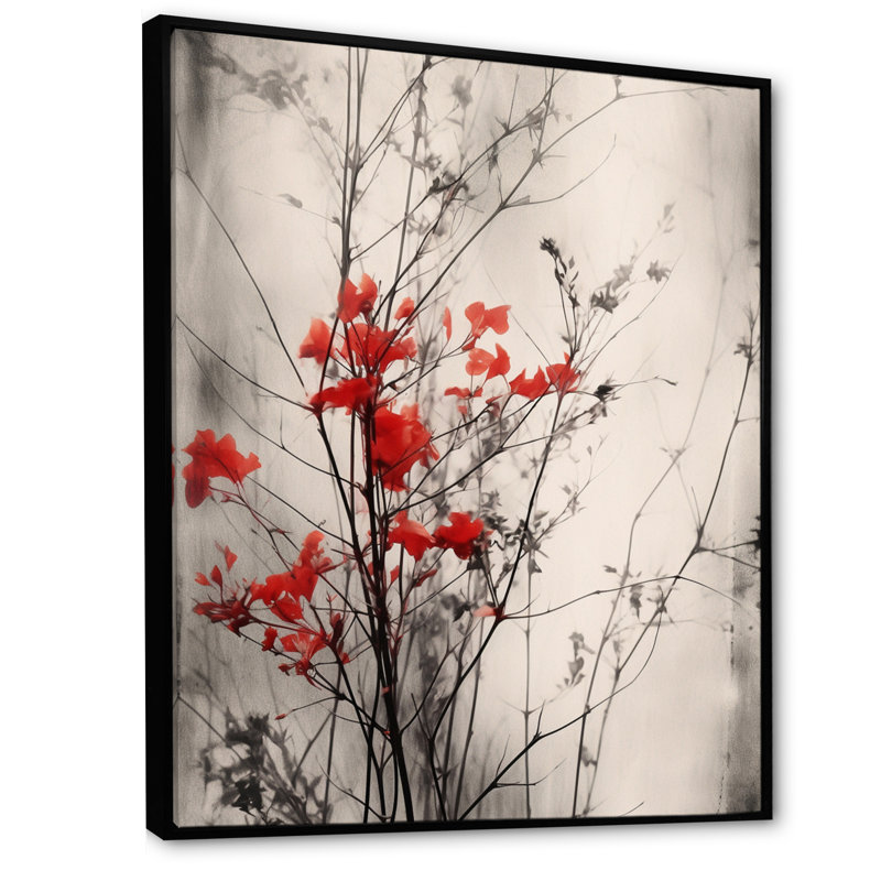 «Red Gray Herb Garden II», art mural floral, Cadre flottant noir, H 32 po x l 24 po x P 1,5 po