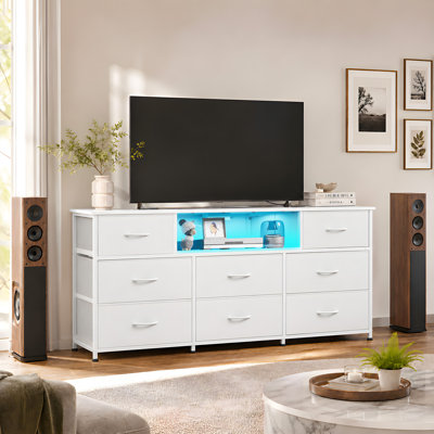 Commode moderne à 8 tiroirs avec éclairage DEL et station de recharge, meuble télé de 147 cm de large compatible avec un téléviseur de 165 cm, commode avec structure en acier robuste pour chambre ou salon.