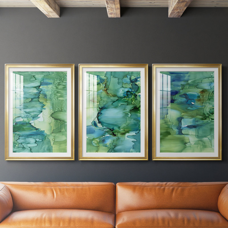«Cool Forever I», impression encadrée sur mesure de qualité supérieure avec passe-partout - 3 pièces, H 39 po x l 81 po, Doré