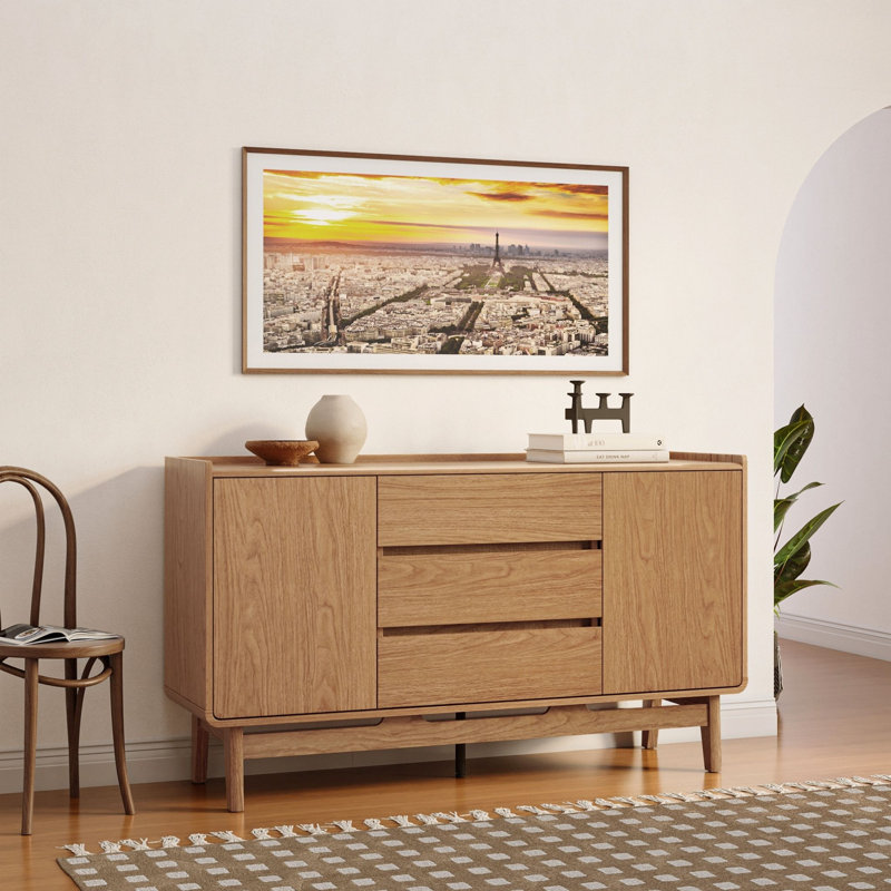 Oak Finish Manufactured Wood 55-Inch Wide Sideboard Cabinet with 3-Drawers