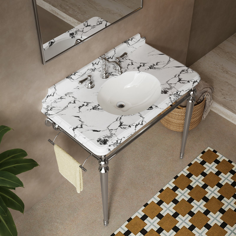 Comptoir de salle de bain en céramique 36 po avec 3 trous pré-percés, sans armoire ni robinet, sans couvercle de lavabo et ensemble de drain, blanc panda Vici