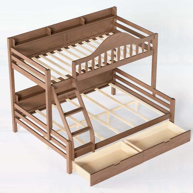 Lit simple superposé au dessus d'un lit double avec rangement, garde-corps courbés et tablettes latérales, structure en bois massif, aucun sommier nécessaire, naturel profond