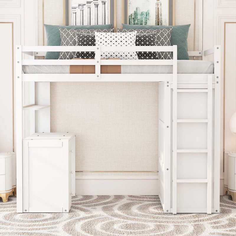 Lit mezzanine simple avec tiroirs, bureau et garde-robe - Kieandra, Blanc