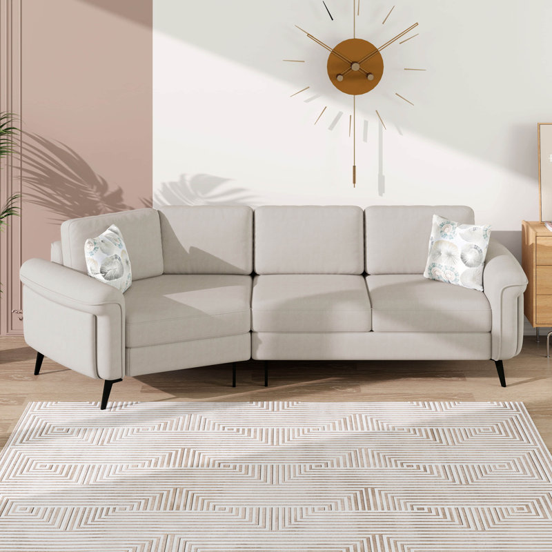 111" Upholstered 3 Seater Sofa With 2 Printed Pillows, Chenille Curved Couch With Metal Legs, Ergonomic Armrests, Beige