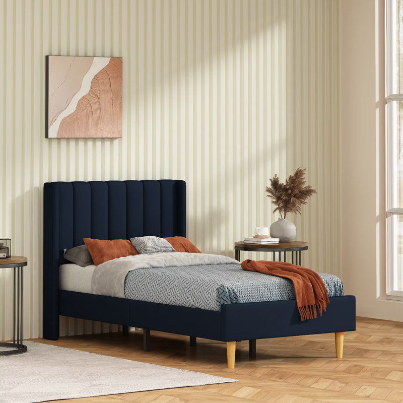 Base de lit tapissier avec tête de lit à oreilles Deeb, Simple, Lin bleu foncé