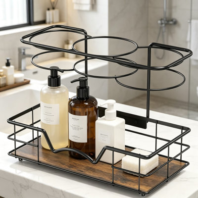 Countertop Hair Tools Organizer for Flat Irons, Curling Irons, Hair Dryers, Combs, and Brushes - Sturdy Steel Wire with Walnut Particle Board Base, Non-Slip Feet, Space-Saving Design for Bathrooms, Dorms, and Apartments, 10.3D x 5.5W x 8H Inches