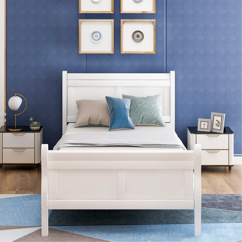 Twin Size Platform Bed - Solid Wood, White With Headboard/ Wood Frame And