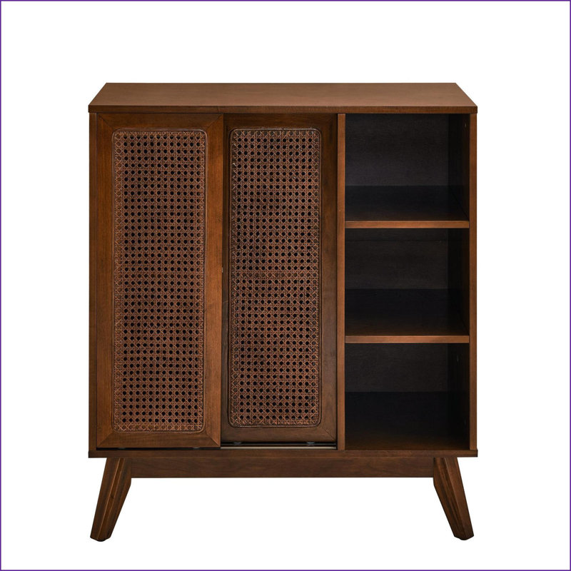 Sideboard Cabinet, Mid Century Modern Dark Wood with Rattan Doors Adjustable Shelves Solid Wood Feet | MDF | Budget-Friendly