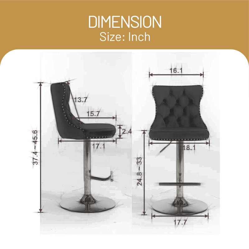 Swivel Upholstered Adjustable Height Counter Stool with Metal Frame, Silver, Gold