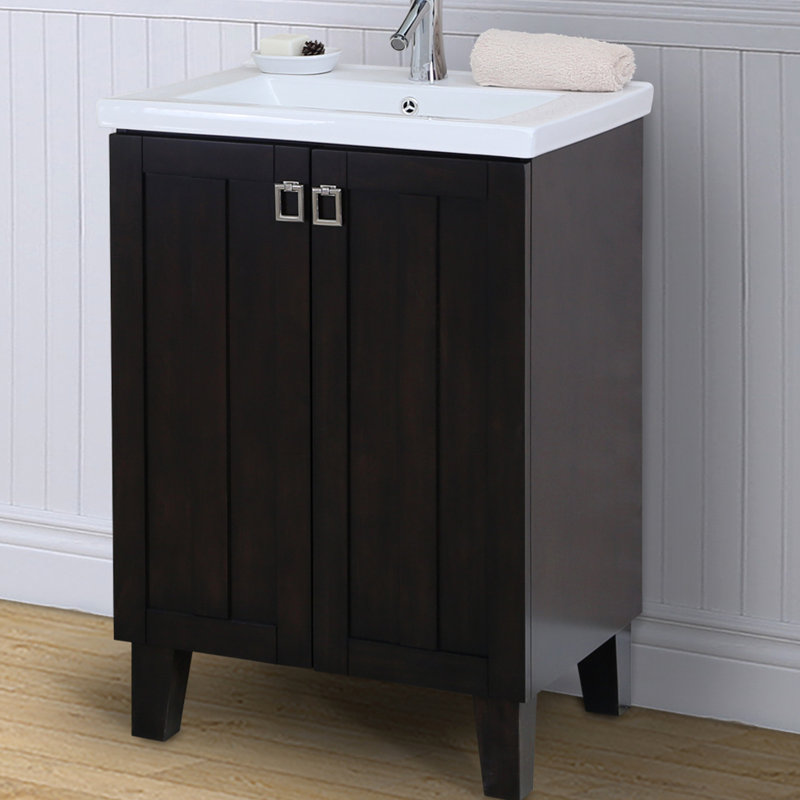 24'' Dark Brown Wood Single Bathroom Vanity with Ceramic Top