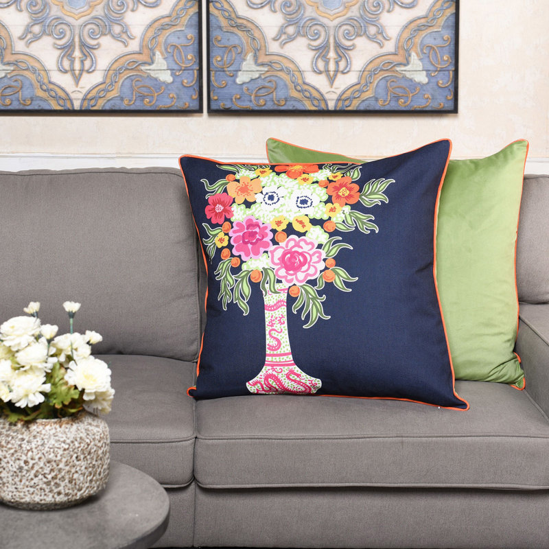 Floral Print and Green Velvet Double Sided Pillow
