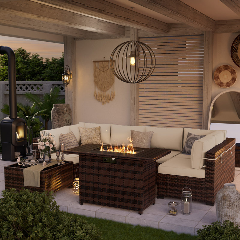 Benboe 6 - Person Patio Conversation Set with Cushions, Brown Frame/Cream Cushion