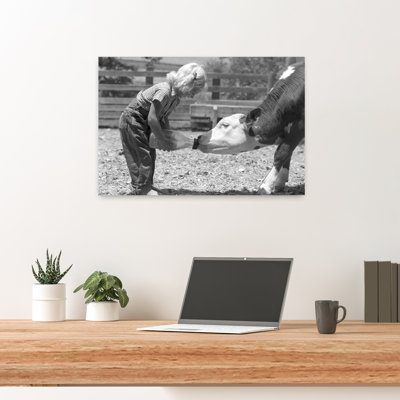 1950S Little Blonde Girl Feeding Calf A Bottle Of Milk Classic Retro Vintage Landscape Nature Wall Art