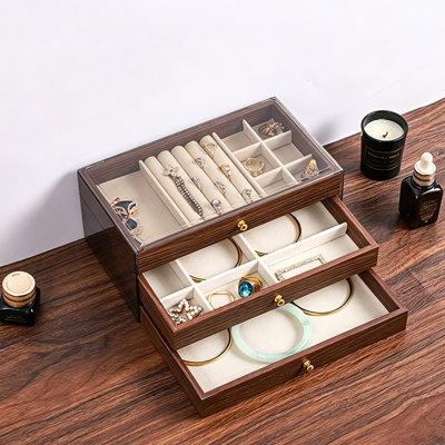 Boîte à bijoux en noyer à 3 niveaux avec doublure en velours, organisateur de bureau grande capacité pour boucles d'oreilles, colliers et bracelets