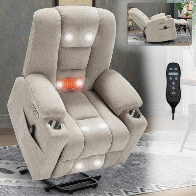 Power Lift Recliner Chair With Massage And Heat For Elderly, Overstuffed Wide Recliners, Heavy Duty Motion Mechanism With USB And Type C Ports, 2 Steel Cup Holders, Beige