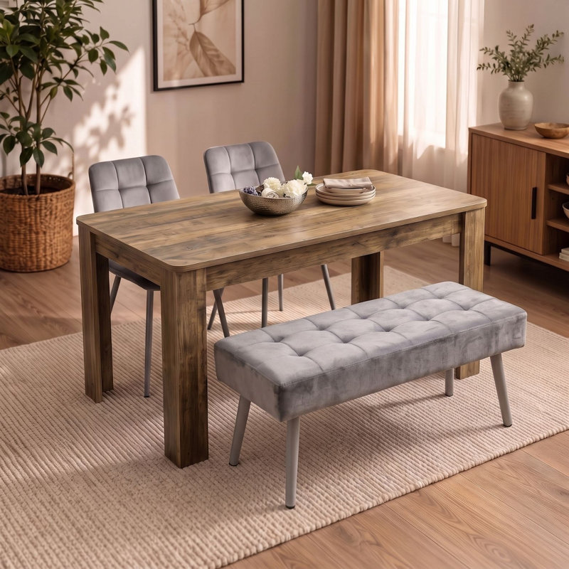 Dining Set with Rustic Wood Effect Table, 2 Grey Nova Velvet Chairs and Grey Velvet Bench 4 Seater