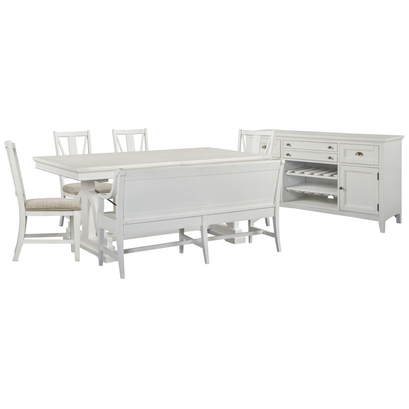 Extendable Trestle Dining Table With 4 Side Chairs Bench And Buffet, 7 Pieces: Table, Buffet, Bench, 4 Chairs