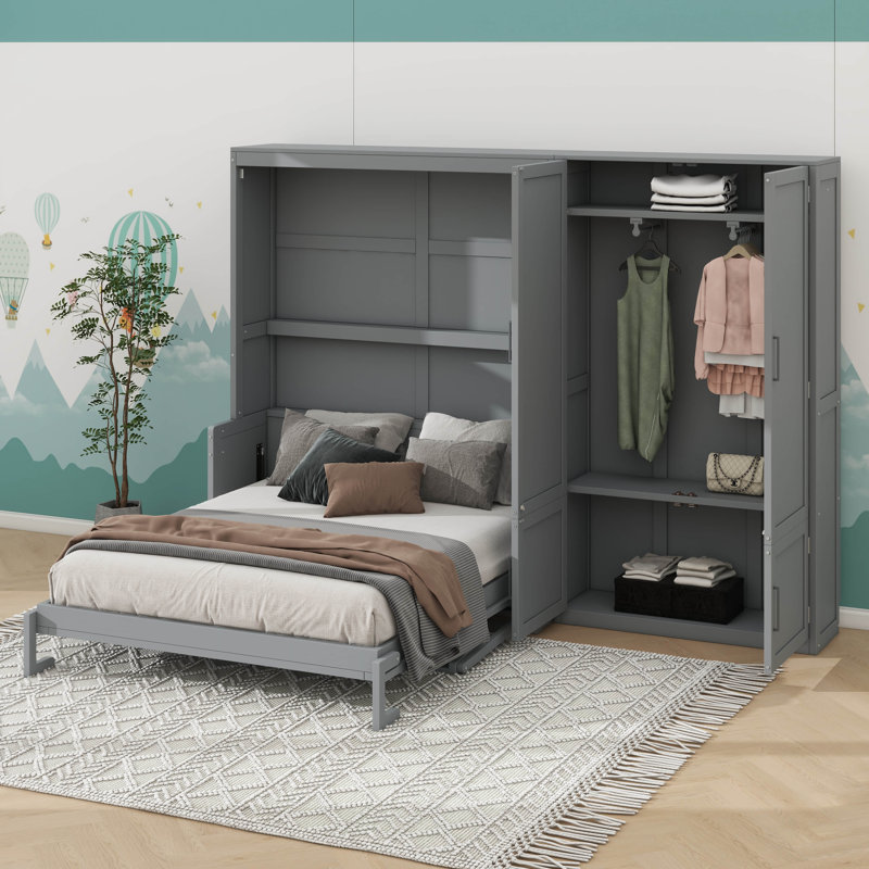 Grand lit escamotable opulent avec garde-robe gracieusement intégré, Gris