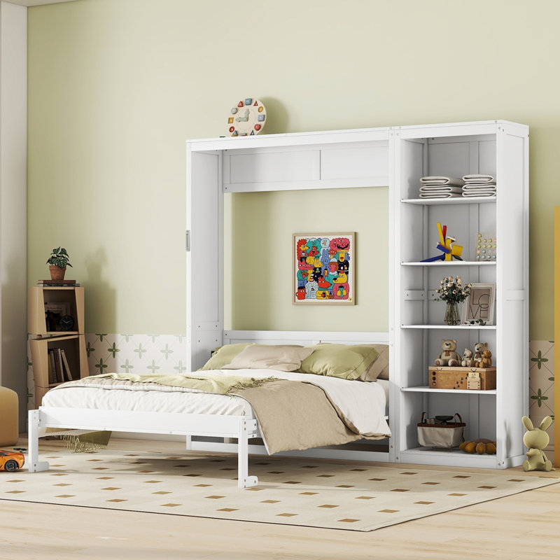 Lit escamotable mural avec tablettes Murphy, Blanc, Grand lit