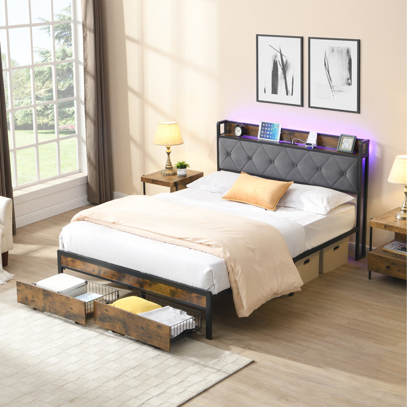 Structure de lit double avec éclairage DEL, 2 tiroirs, station de charge, chambre à coucher moderne, tête de lit tapissier en fer, charge, sans sommier, grande capacité de charge