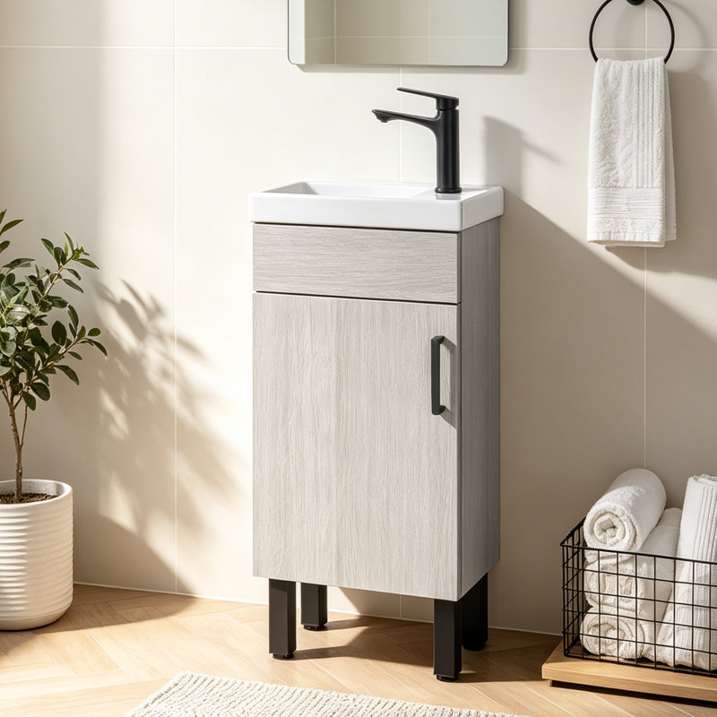 Petit meuble-lavabo simple autoportant 16 po avec plateau en céramique 16 po, Chêne