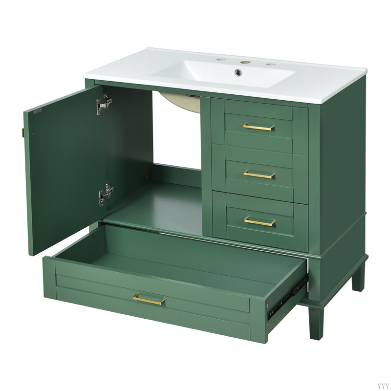 36"  Bathroom Vanity With Solid Pine Frame, 1 Soft Close Door And 3 Drawers , Modern Storage Cabinet, Green