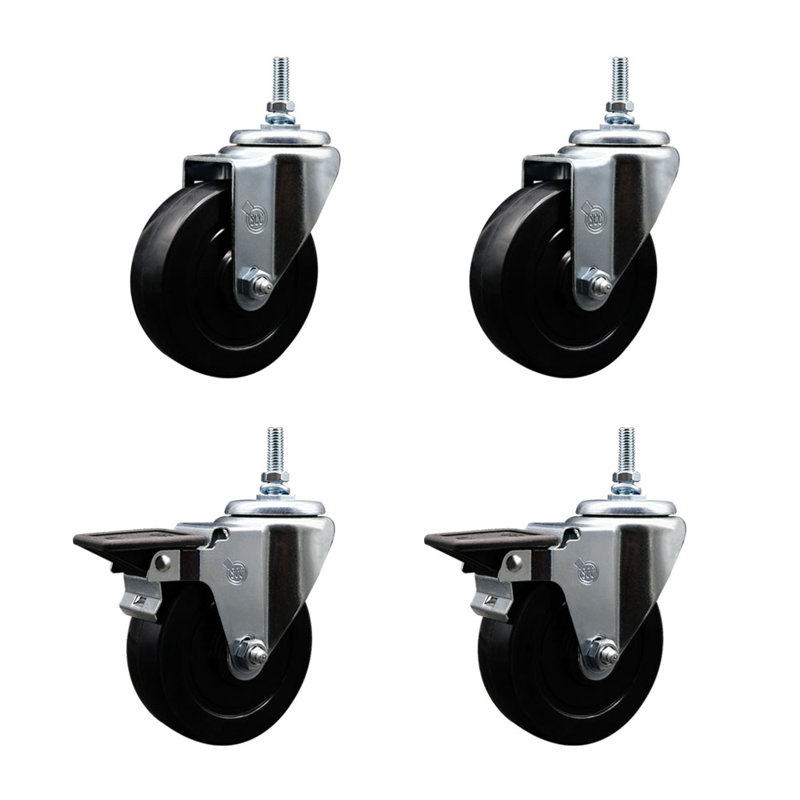 Rubber Wheel Swivel 3/4 Inch Threaded Stem Caster Set Service Caster
