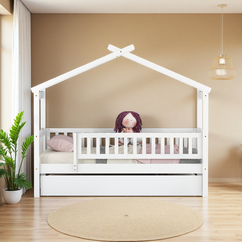 Lit en bois avec lit gigogne simple, Lit simple, Blanc
