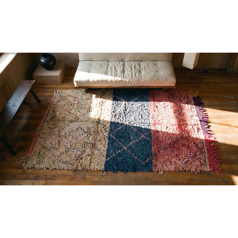 Allover Geometric Hand Knotted Pile Wool 1940s Multicolor Jewel Tones Boucherouitte Antique Rug