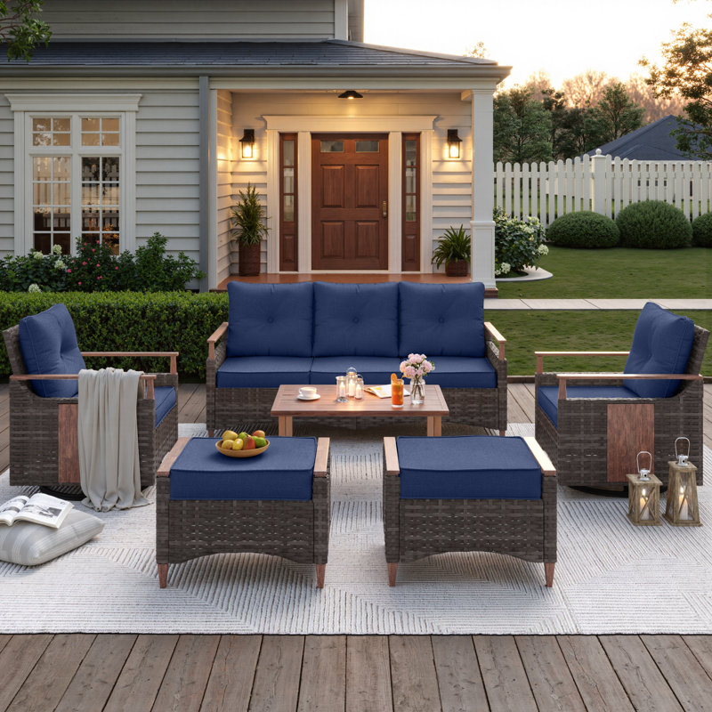 Melvarn 5-Person Outdoor Furniture Set Wicker Swivel Glider Chairs Patio Conversation Sets With Cushions, Blue