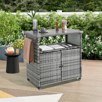 Outdoor Wicker Bar Cart, Patio Wine Serving Cart W/Wheels , Rolling Rattan Beverage Bar Counter Table W/Glass Top For Porch Backyard Garden Poolside P by Latitude Run