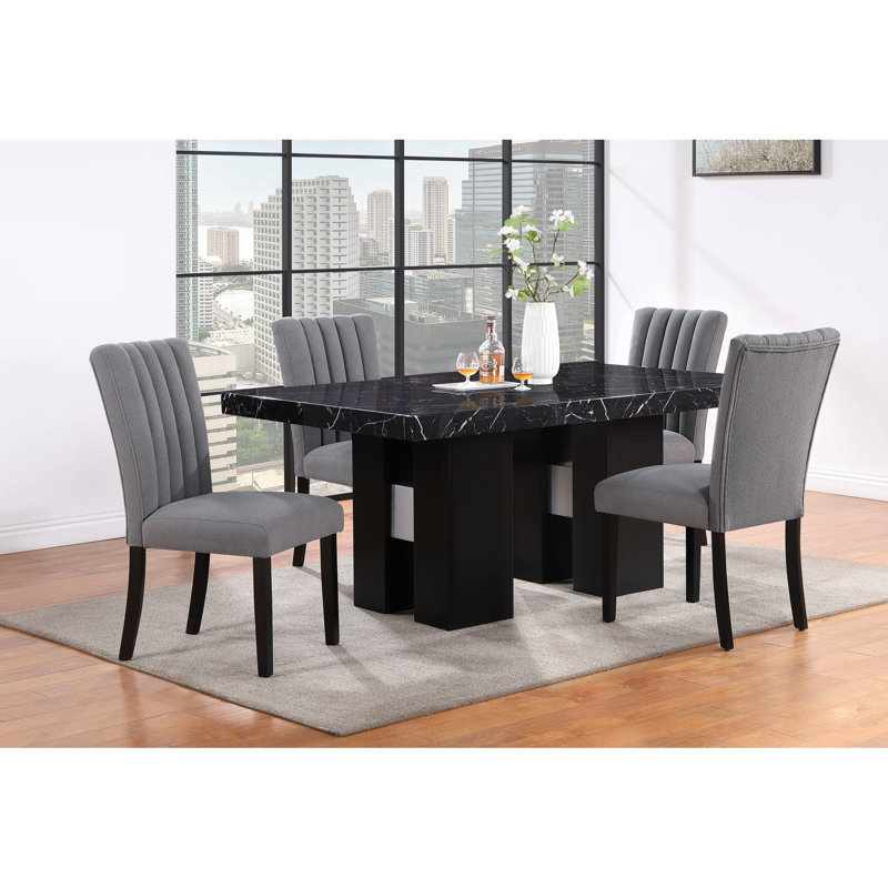 Table de salle à manger - Noir, transitionnel, plateau de table très épais, base à double piédestal en bois d'hévéa, bois d'hévéa, transitionnel