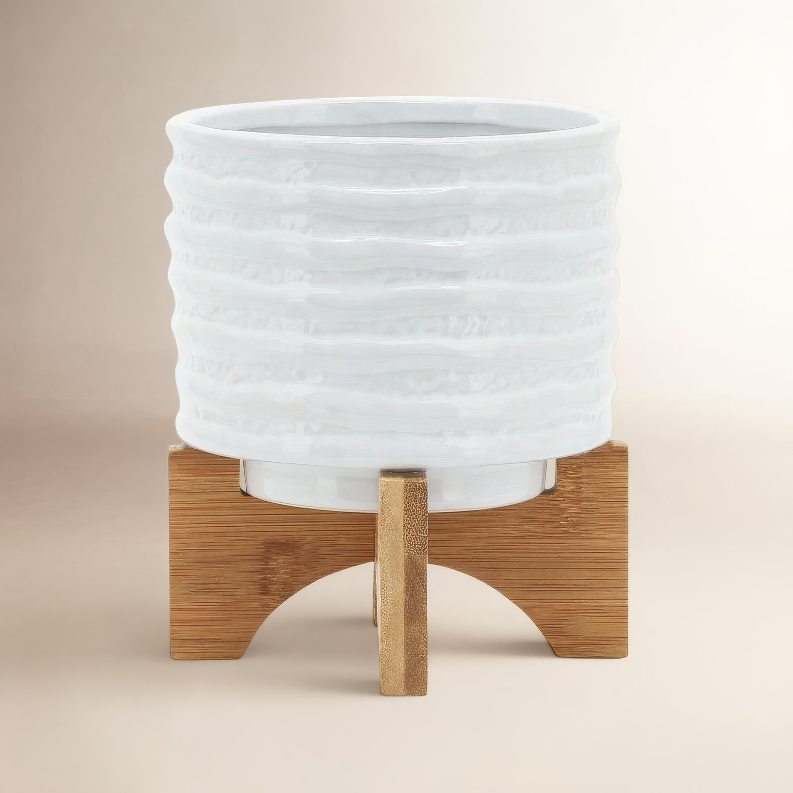 Modern Textured Ceramic Planter with Stand Indoor Outdoor, 7" H x 6" W x 6" D, Striped Blue