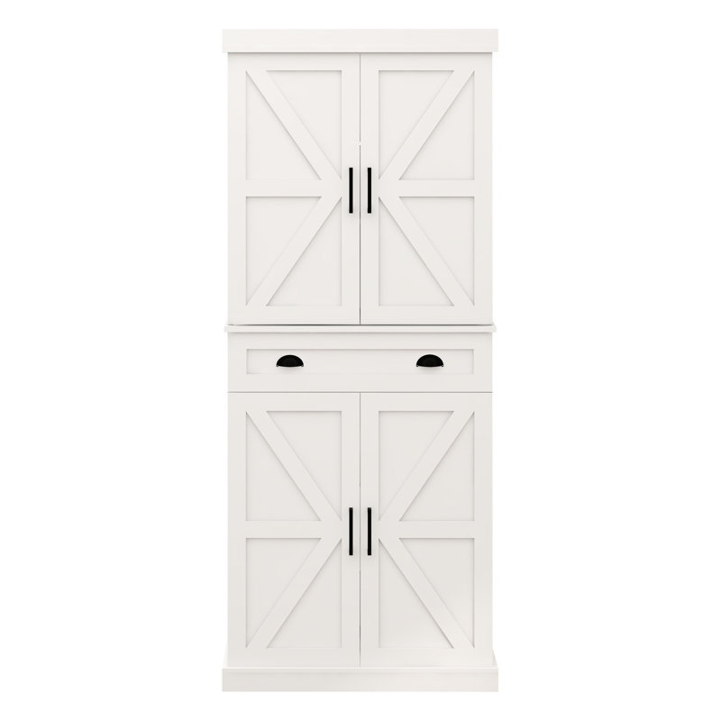 Armoire garde-manger blanche de 71 po pour la cuisine. 4 portes, 1 tiroir, 2 tablettes réglables. Rangement suffisant. Matériau E1. Enduit. Stable et sécuritaire. Armoire de rangement facile à assembler - blanche. Portes (2