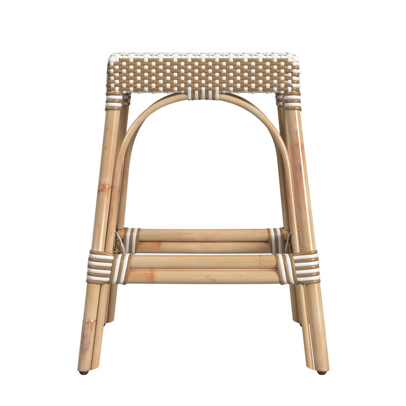 Tabouret de comptoir / de bar Lennart, Cadre brun clair / rayure blanche / rotin naturel