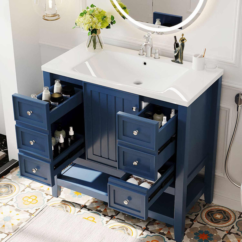 Leiding 36'' Single Bathroom Vanity with Ceramic Top, Navy