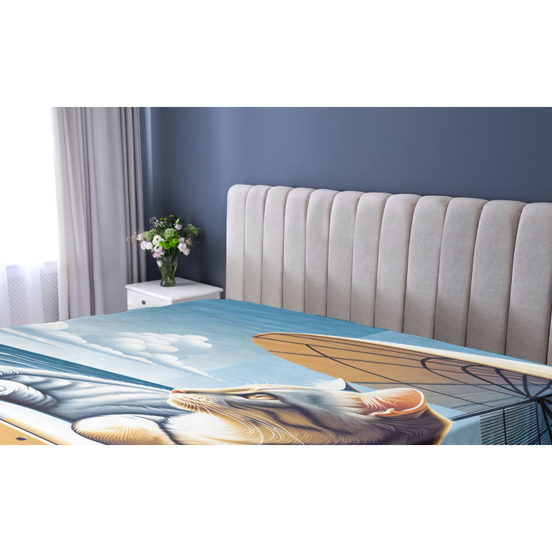 Drap-housse pour chat Ambesonne_ Chaton en train de bronzer bord de mer_ Moutarde bleu pâle, Drap-housse de taille simple