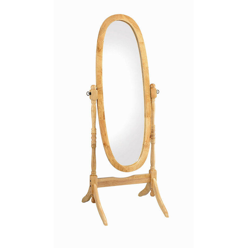 59.25" Tall Standing Wooden Floor Mirror With Natural Finish, Oval Shape, Natural